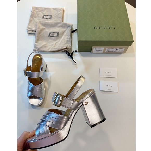 Gucci Silver Platform Block Heel Sandals - Picture 7 of 12